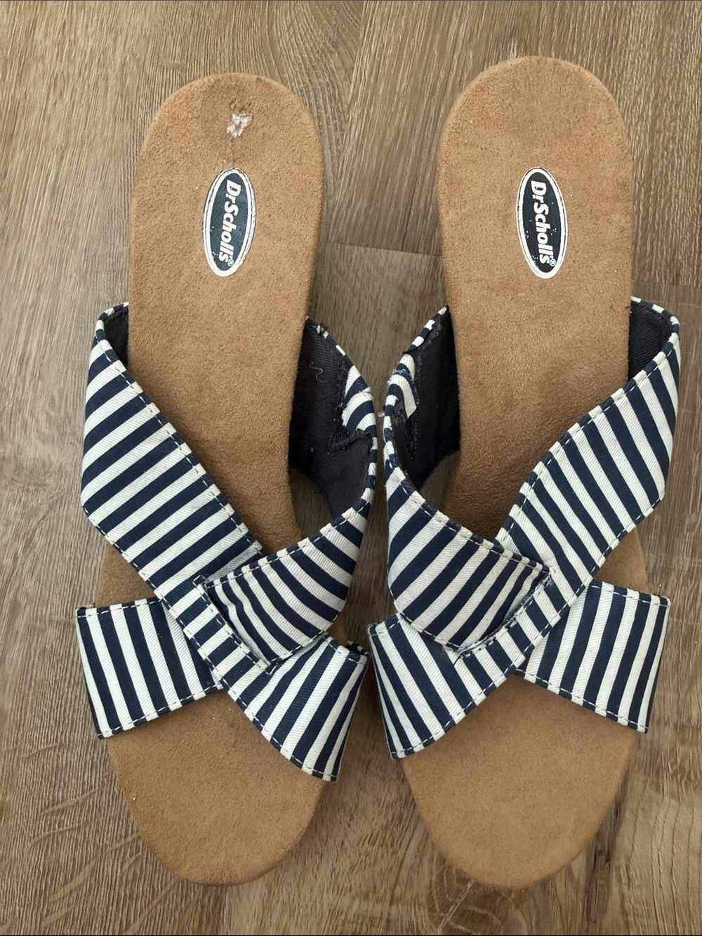 Dr. Scholl's Women’s Navy and White Striped Cross-Band Slide Sandals